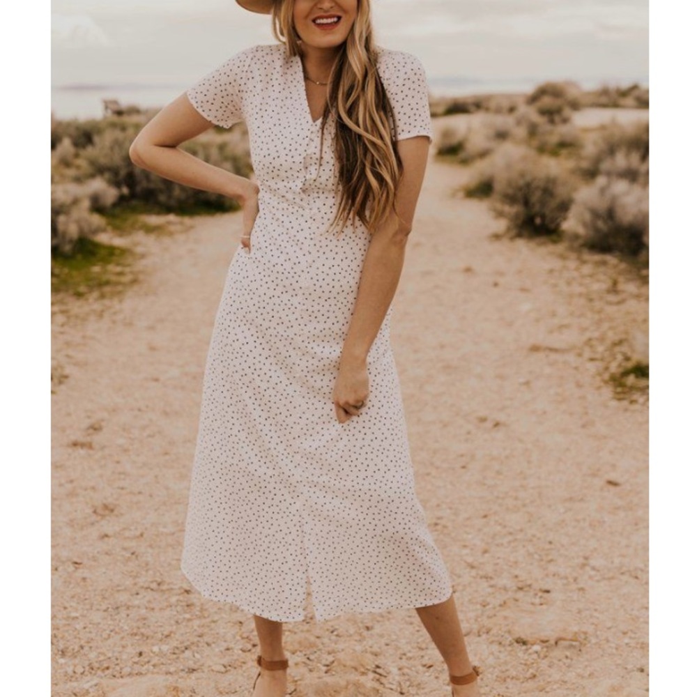 Black and white polka dot midi tea length dress